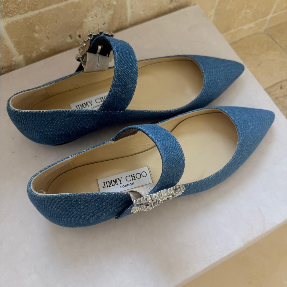 Jimmy Choo Denim Blue Pointed Mary Jane Flats with Crystal Buckle